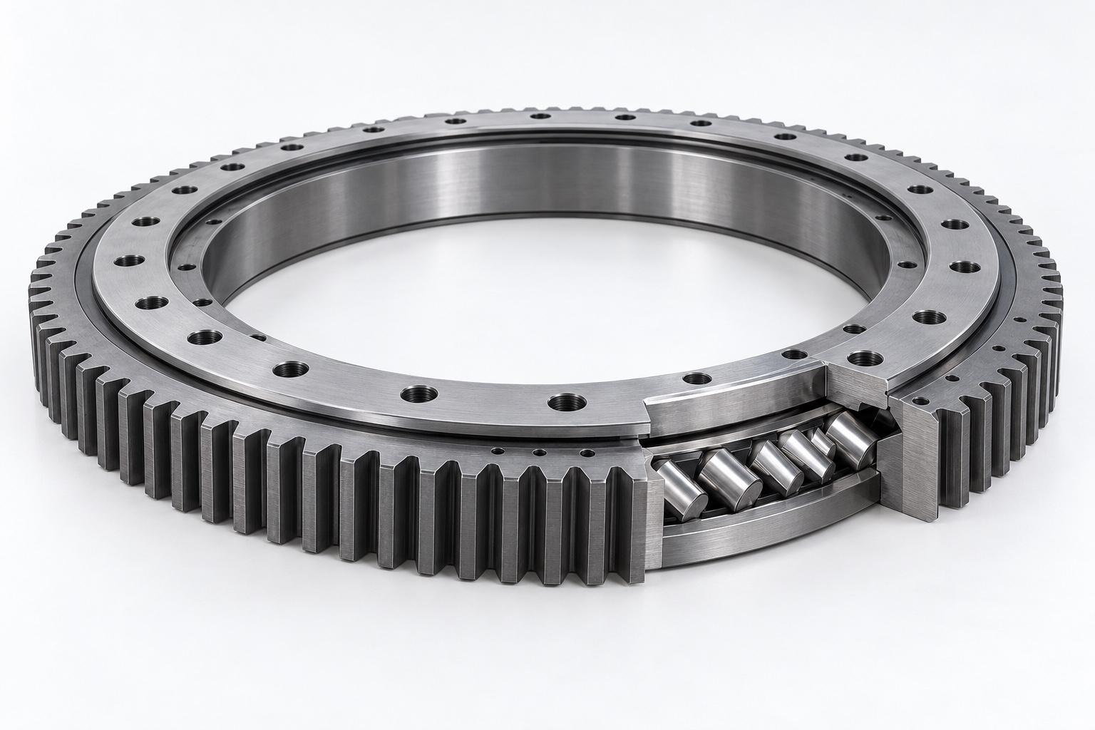 Concept illustration of an external-gear cross roller slewing bearing with a cutaway showing cylindrical rollers