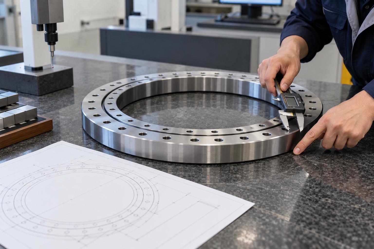 Engineer checking the mounting interface of a large ring bearing