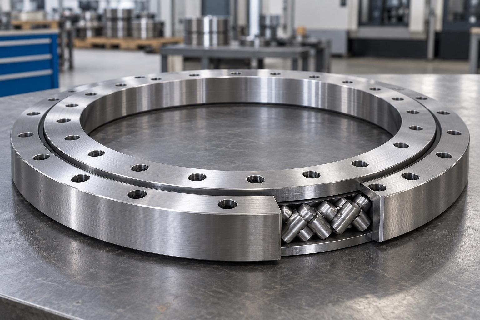 Illustrative crossed-roller slewing bearing with inner and outer mounting rings