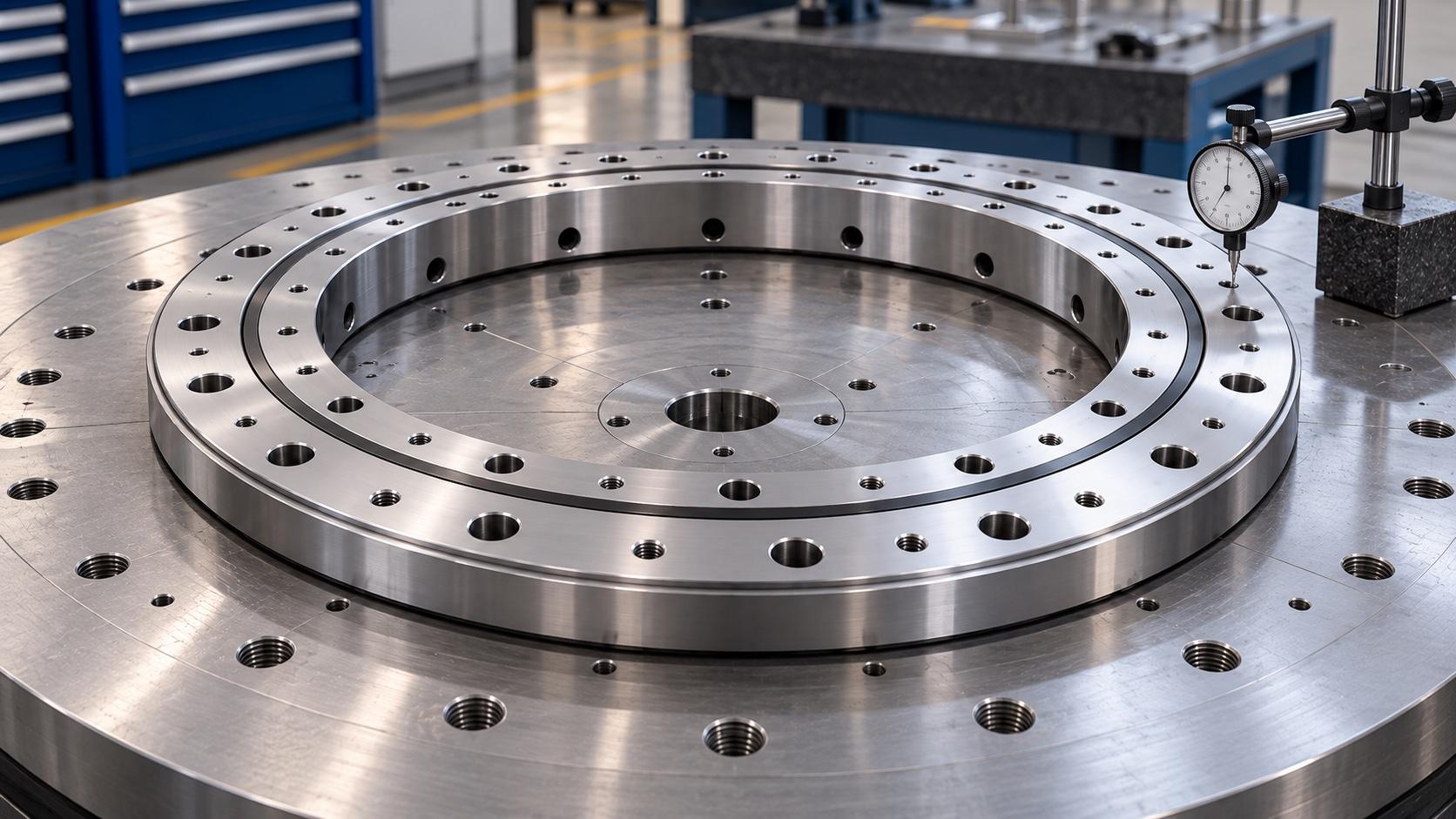 Rotary table bearing mounting face checked with a dial indicator