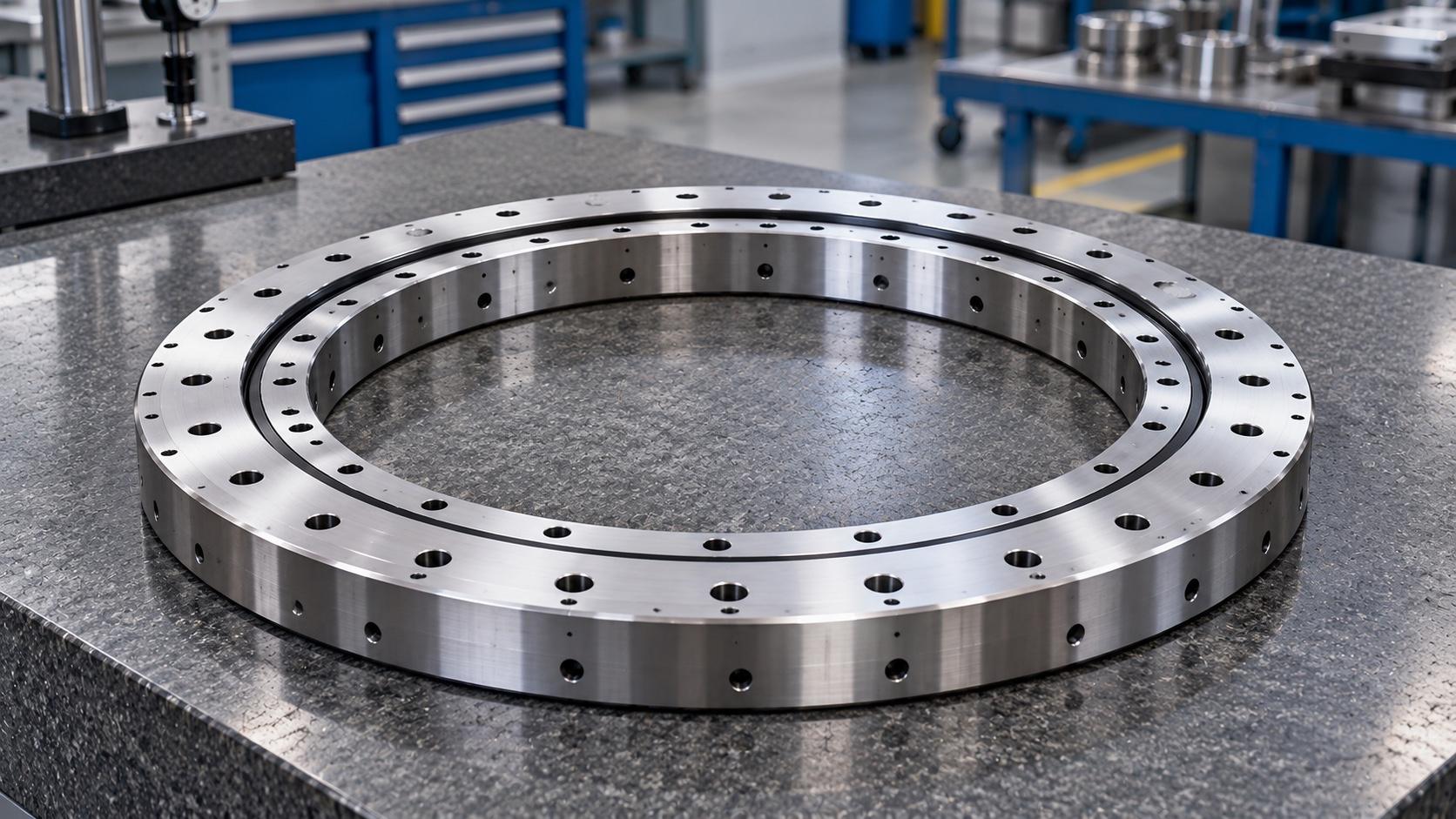 Precision rotary table bearing on a workshop inspection surface