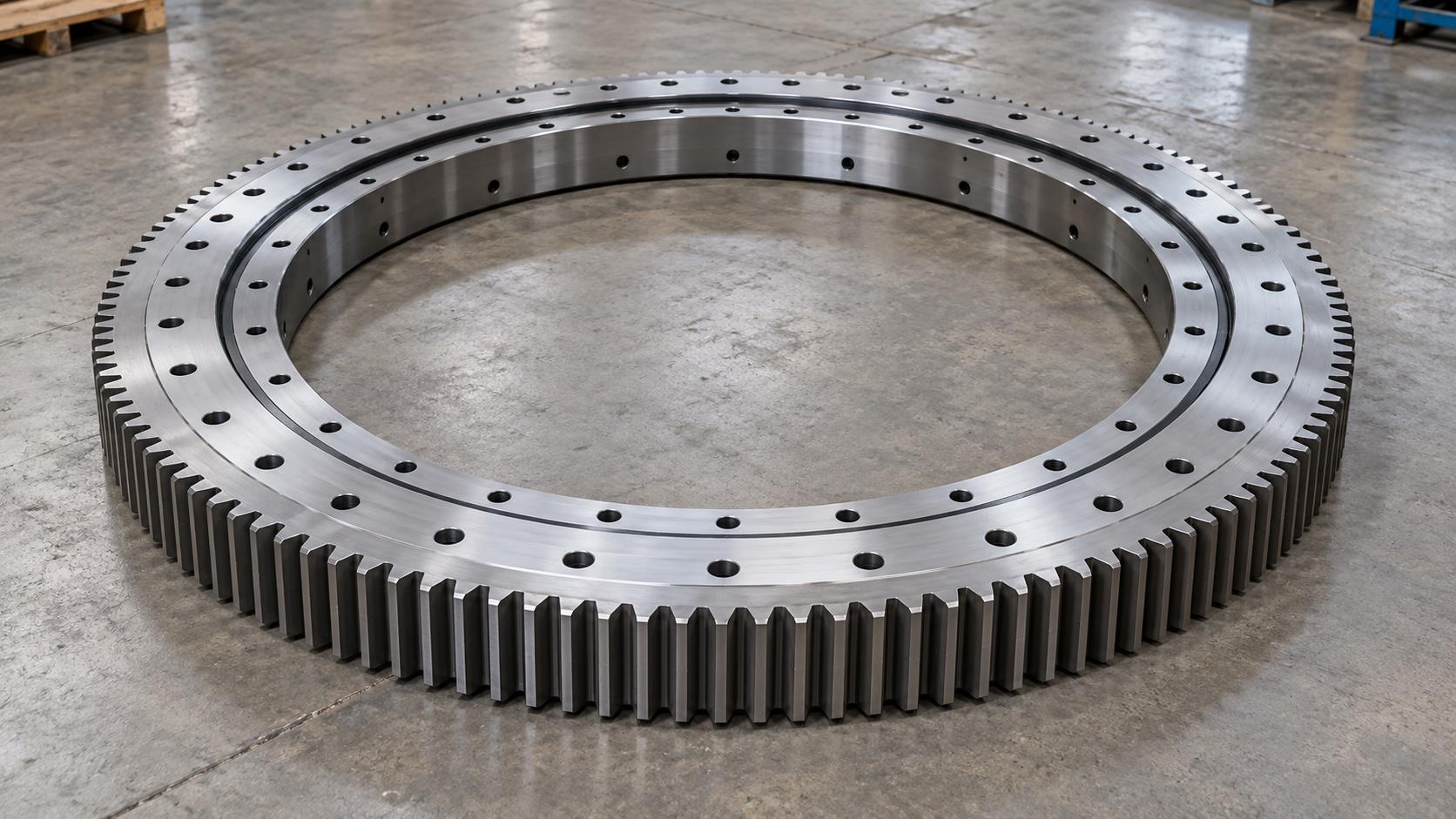 External-gear slew bearing with machined steel rings, mounting holes and visible outer teeth