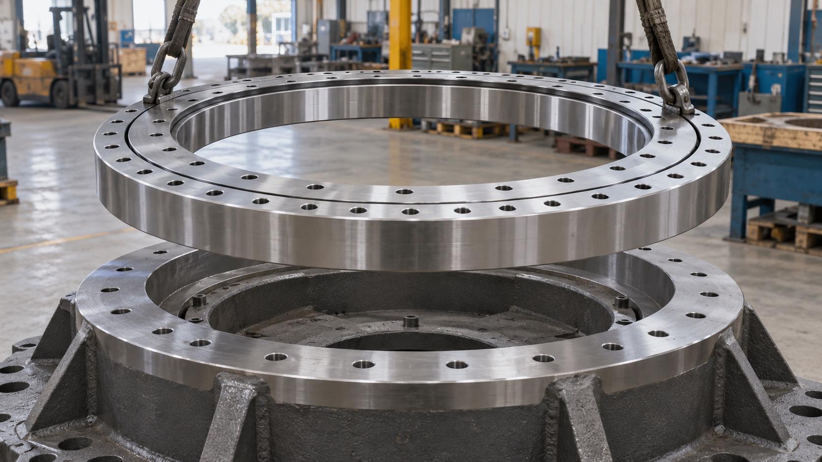 Gearless slew bearing aligned above a machined mounting flange in an industrial assembly