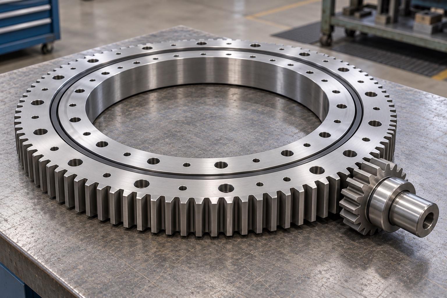 External-gear slewing bearing with a meshing pinion on an inspection table
