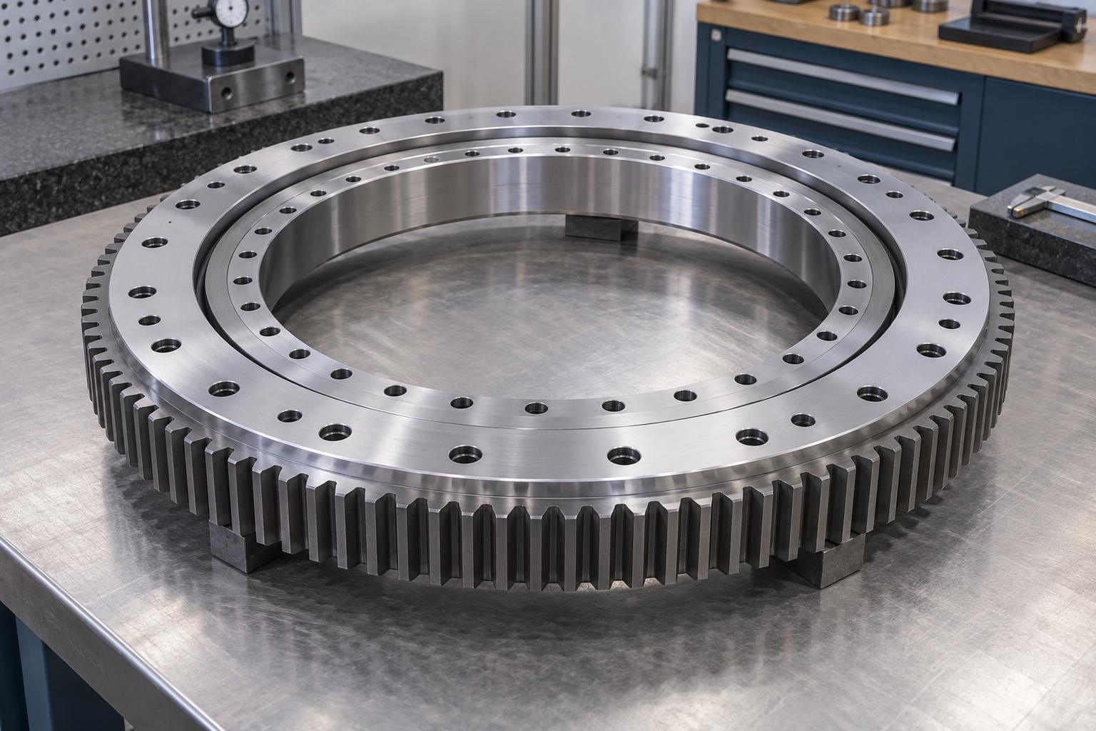 External-gear slewing bearing with concentric steel rings and mounting holes