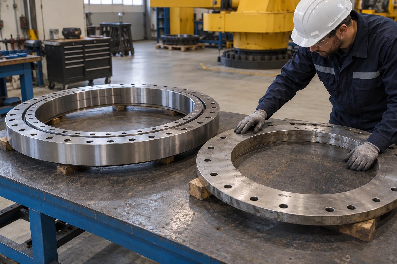 Toothless slewing bearing beside a mounting flange during an interface check