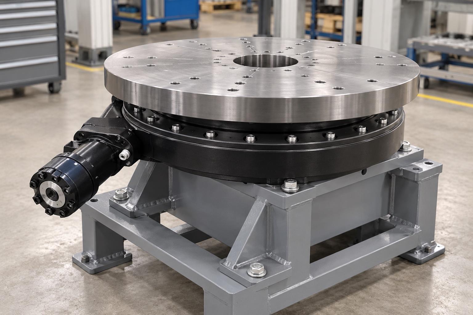 Conceptual slew drive installed beneath a rotary platform on a bolted steel support