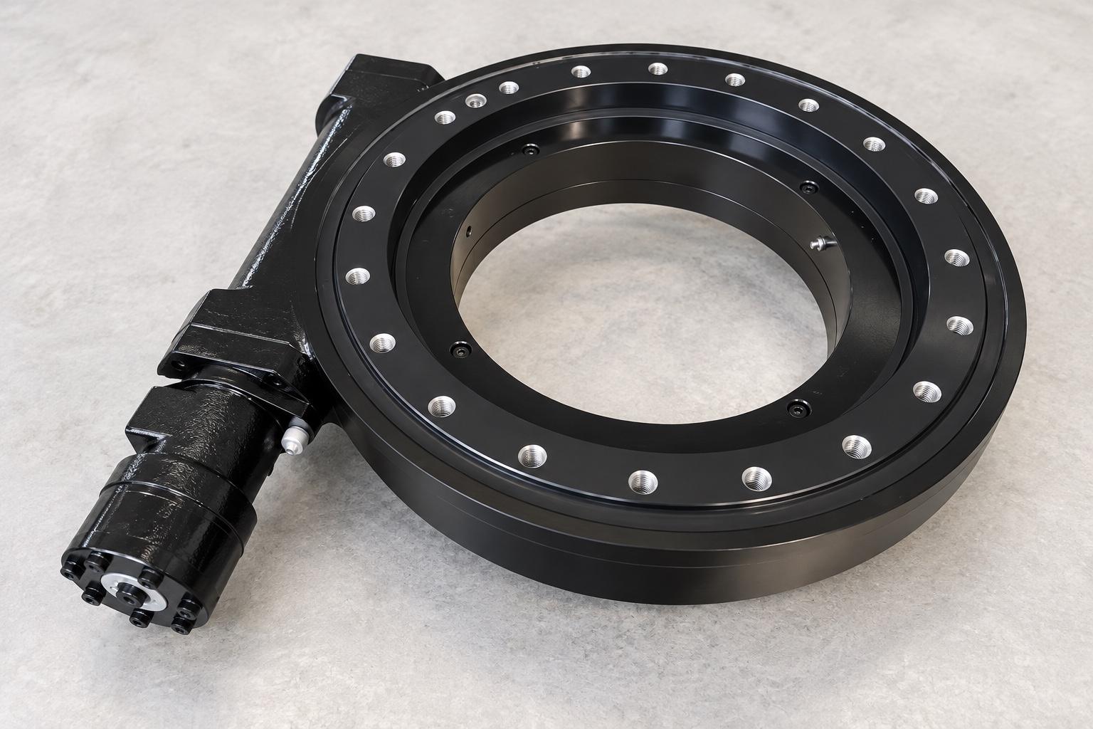 Black worm gear slew drive with a circular mounting flange and tangential input housing