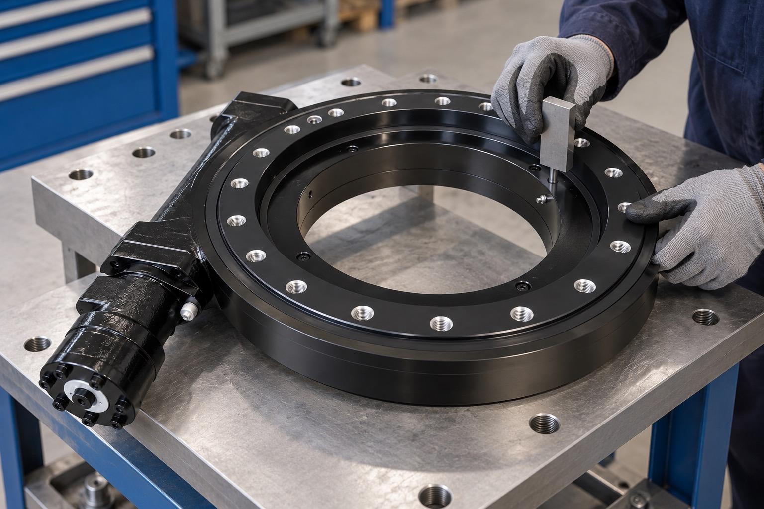 Close-up of slewing drive mounting interface on industrial equipment