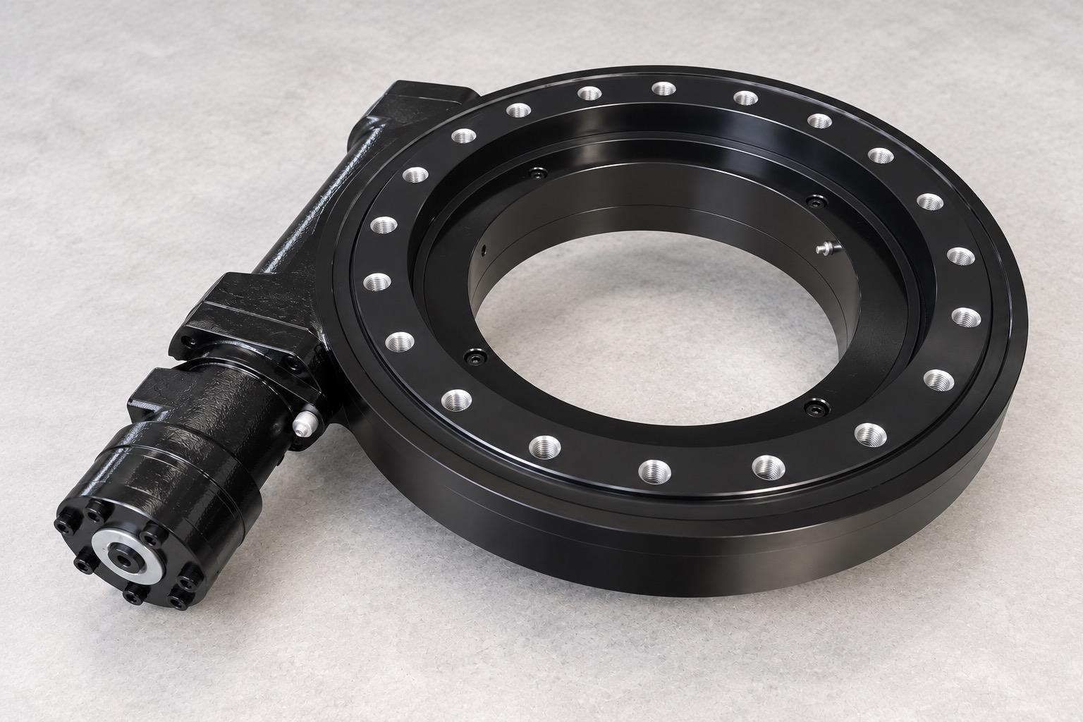 Industrial slewing drive assembly with worm gearbox and circular slewing bearing