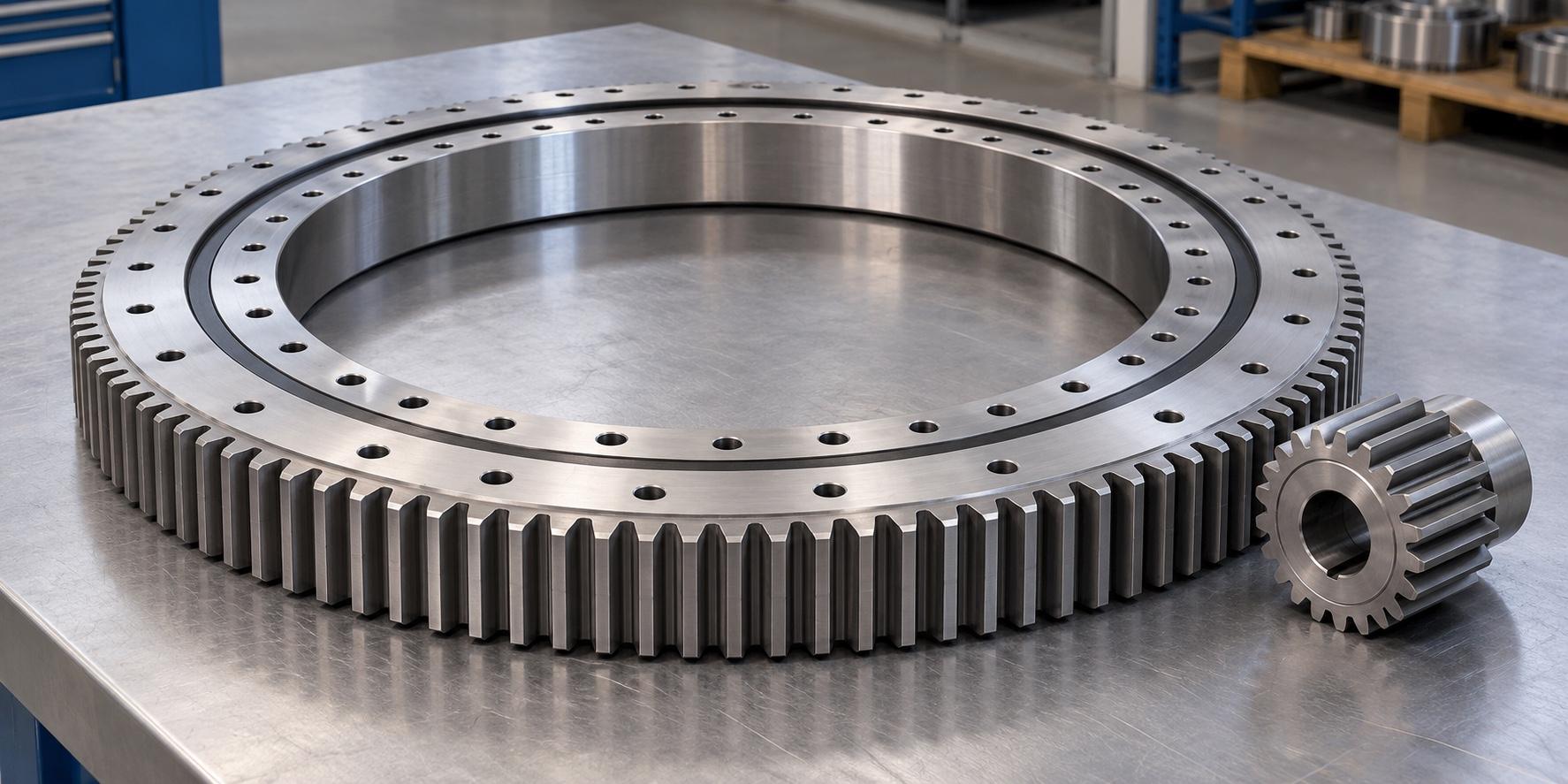 External geared slewing bearing with a separate mating pinion on a workbench