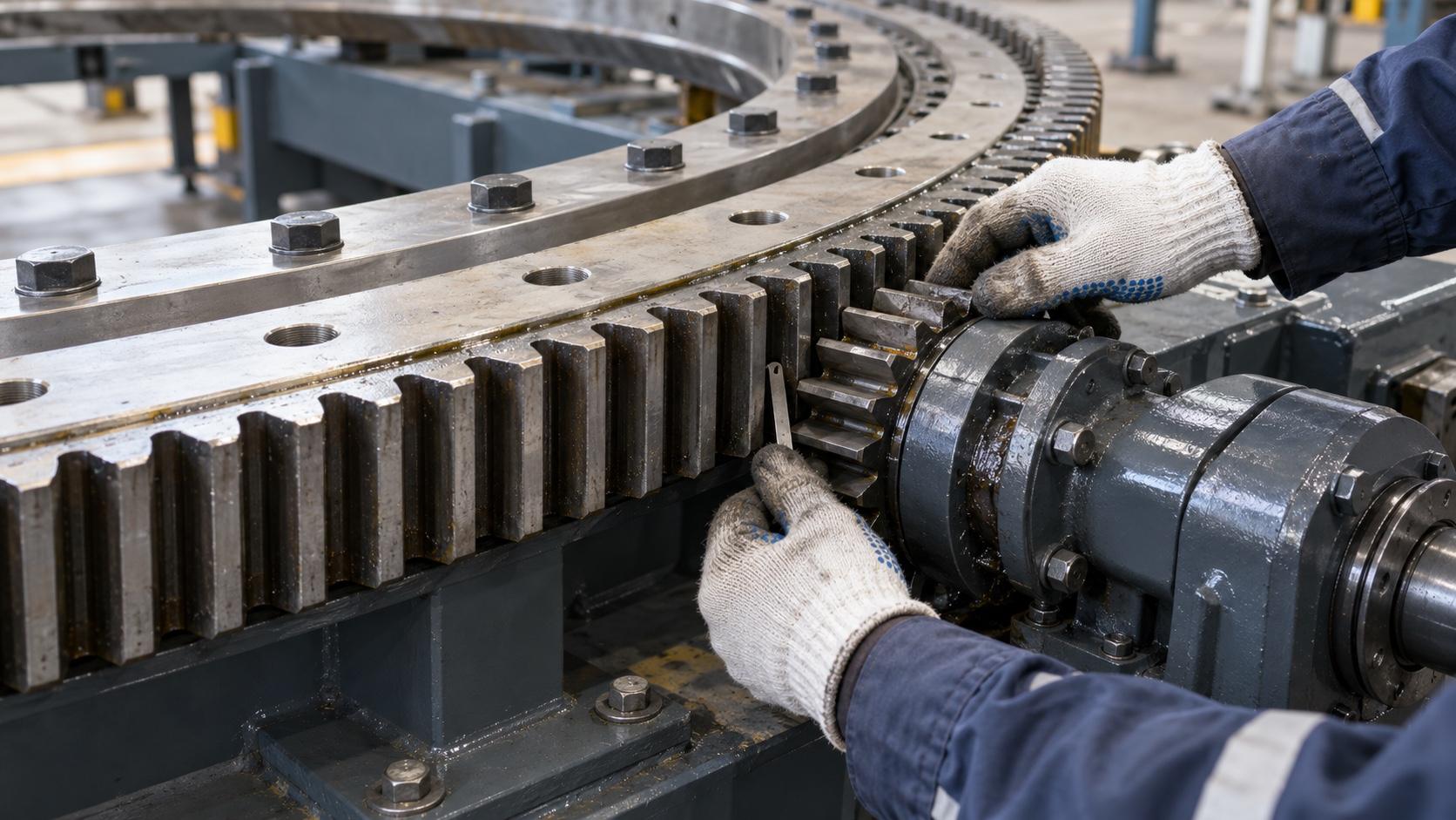 Technician checking the mesh between an external slewing gear and its pinion