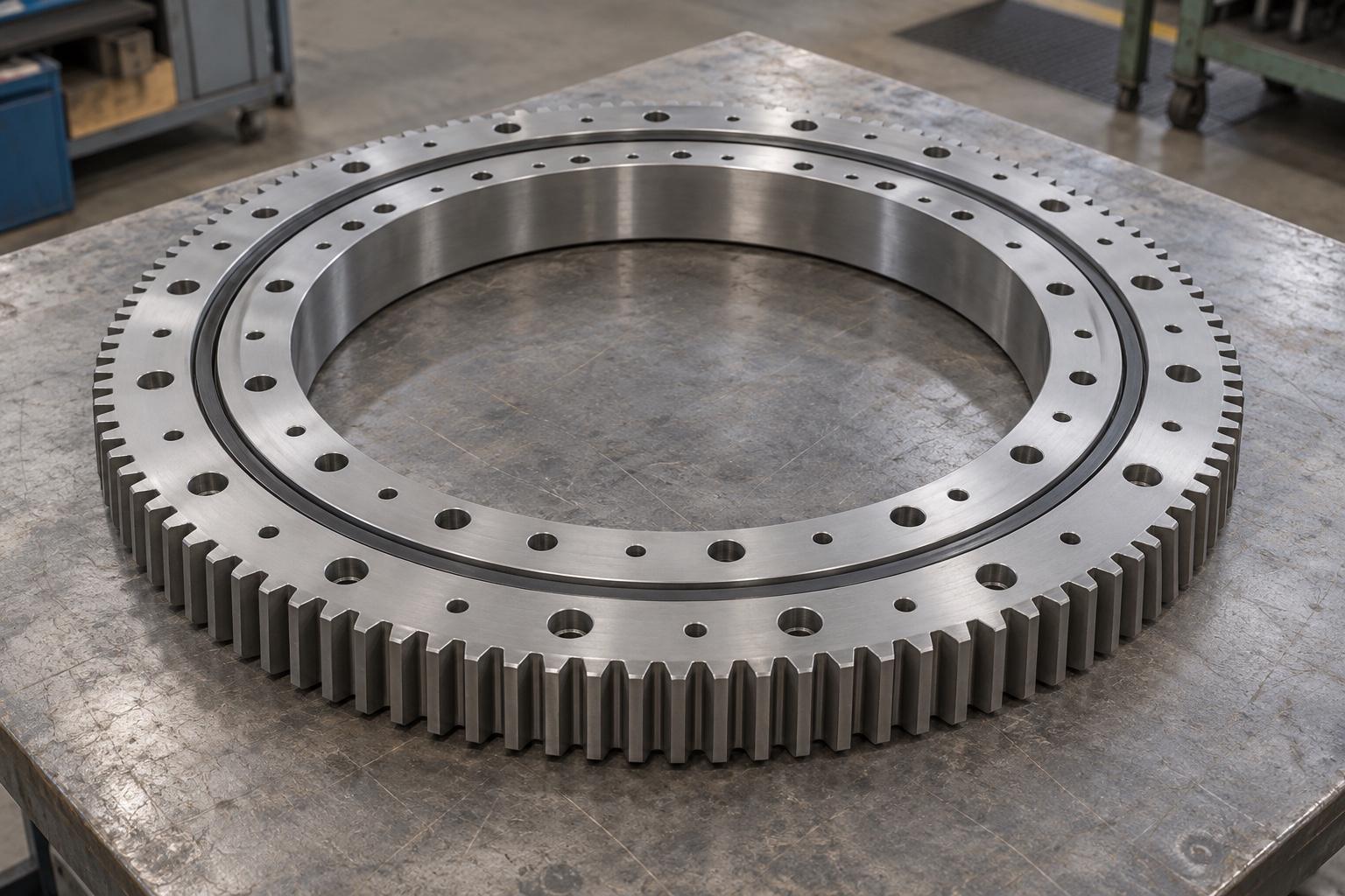 Concept image of an external gear slewing ring bearing with mounting holes
