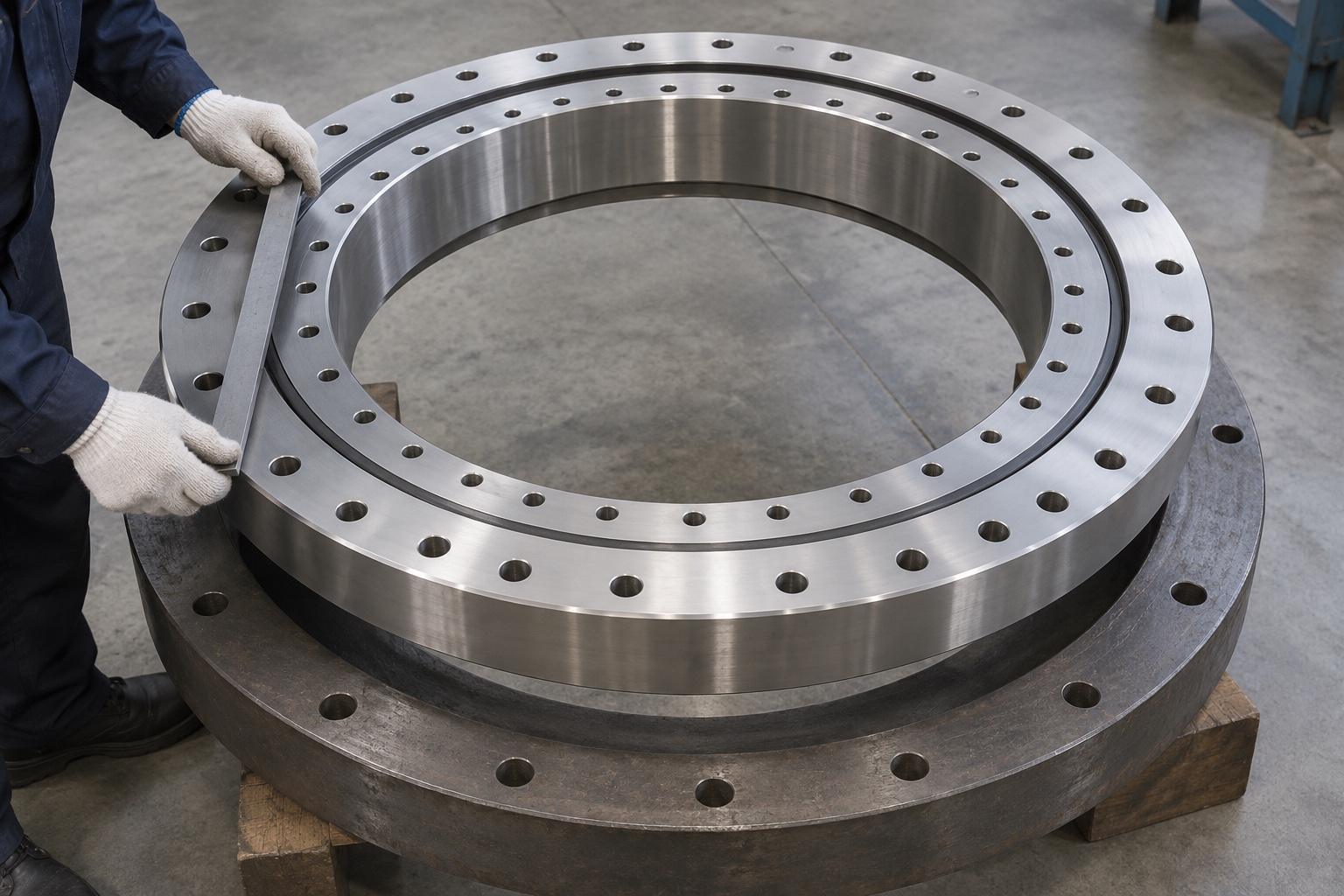 Concept image of a toothless slewing ring bearing being checked against a mounting flange