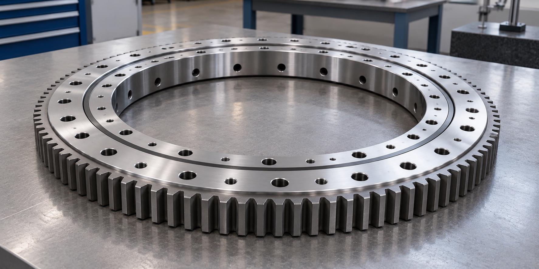 External-gear slewing ring bearing showing the ring opening, mounting holes, and outer teeth