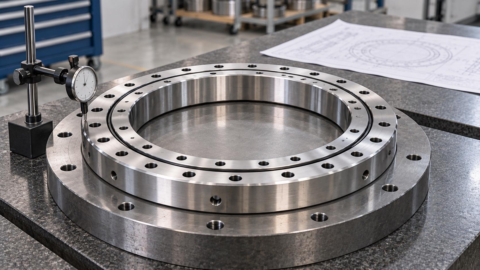Ungeared slewing ring bearing aligned with a mounting flange during an inspection setup
