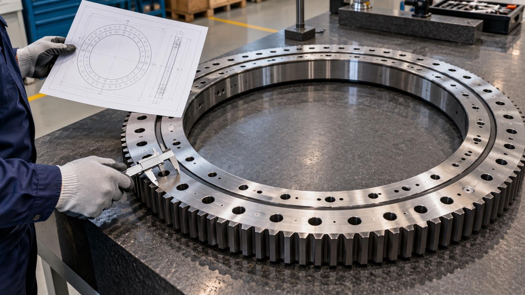 Engineer checking a slewing bearing mounting interface against an engineering drawing