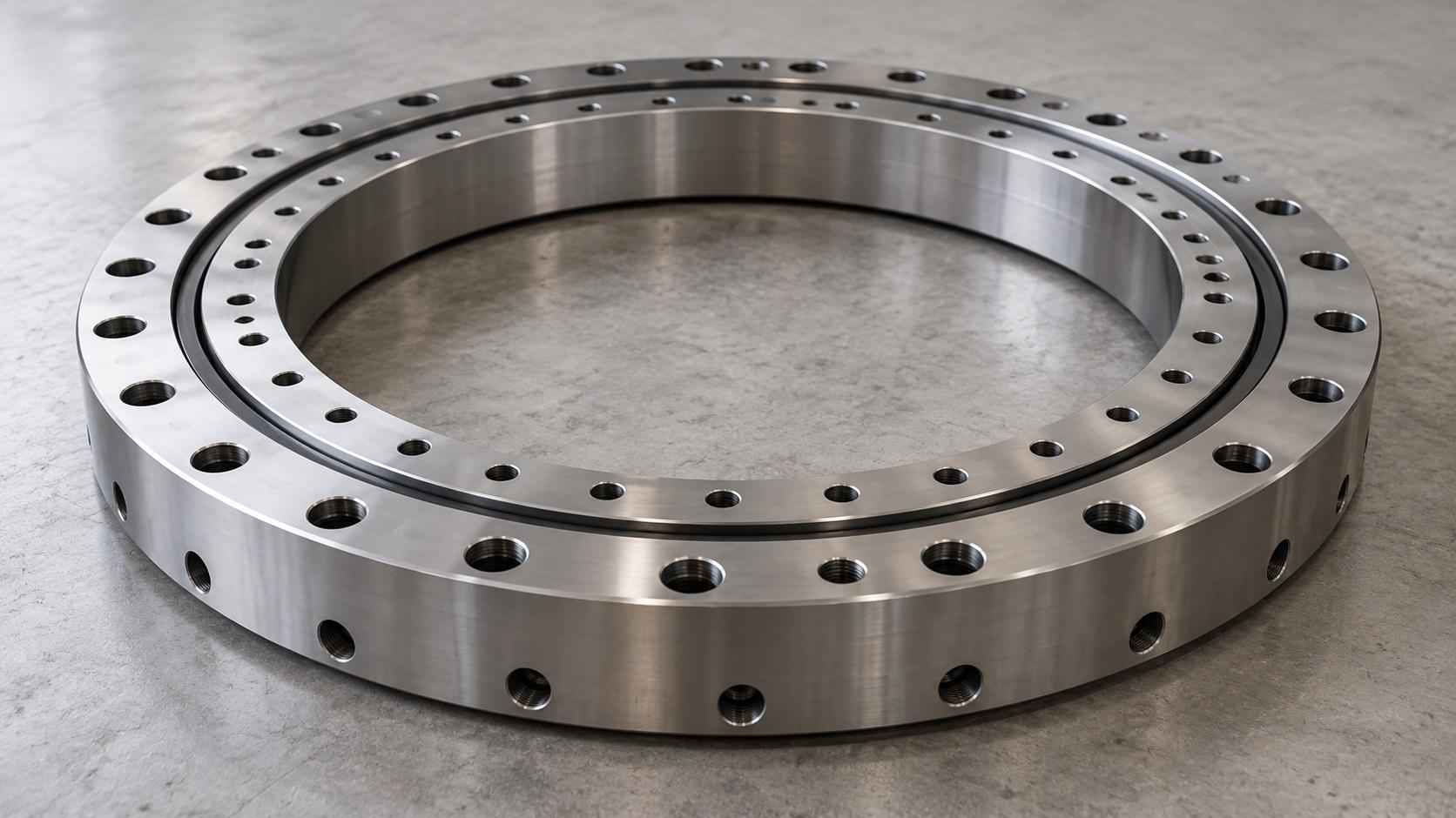 Large industrial slewing bearing with concentric rings and mounting holes