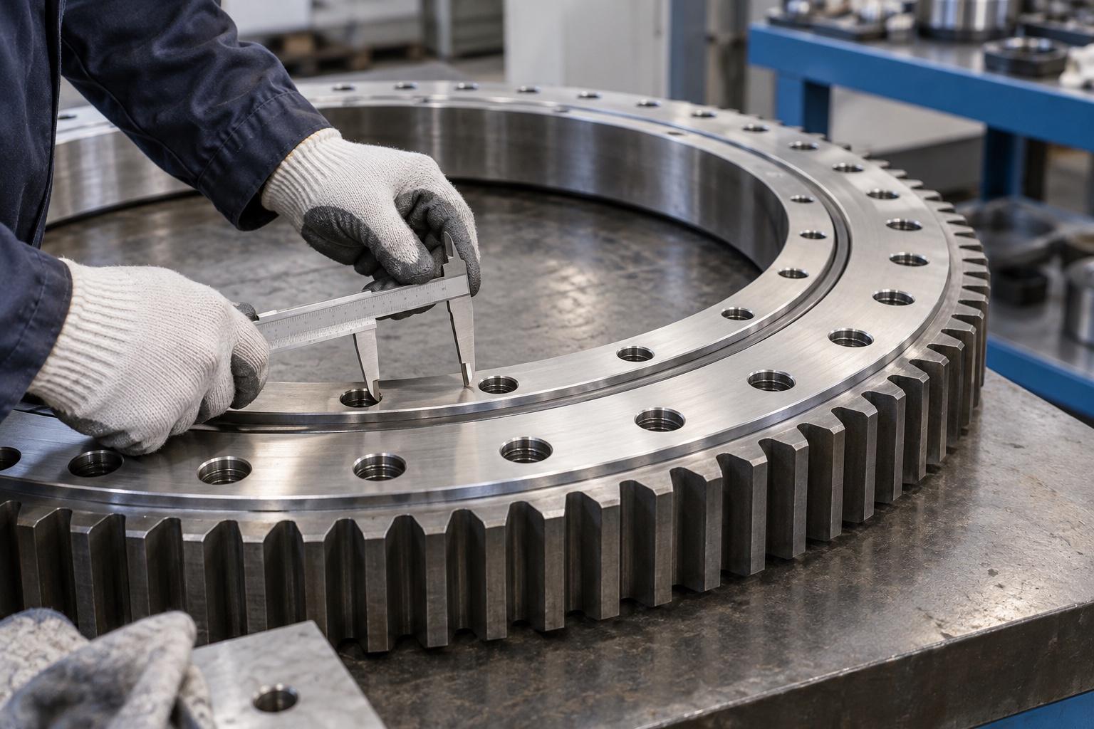 Technician checking mounting-hole spacing on an external-gear swing bearing.