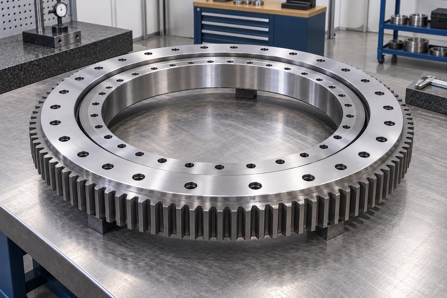 External-gear swing bearing with concentric mounting-hole circles on an inspection table.