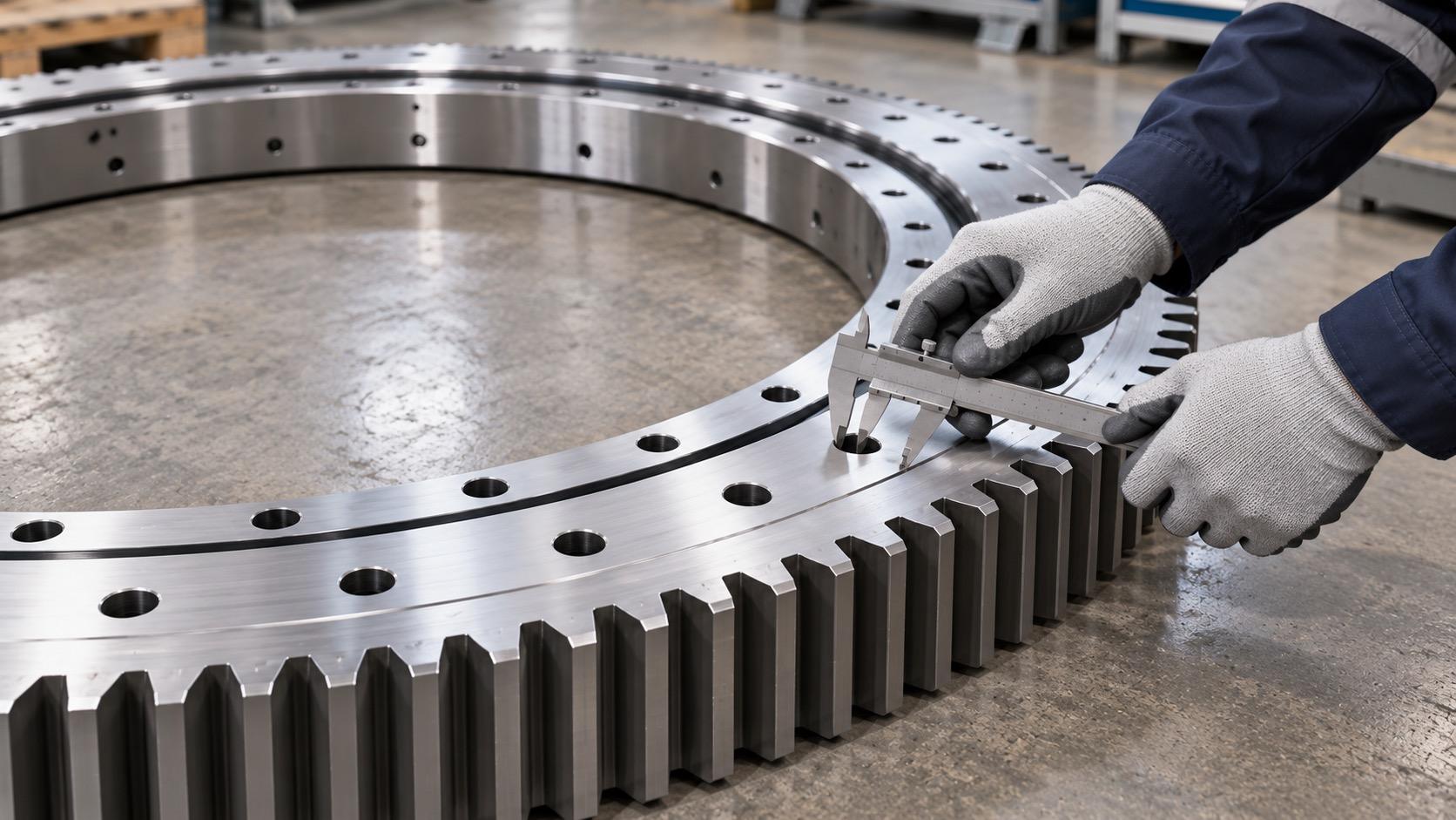 Technician checking a mounting hole on an external-gear swing bearing.