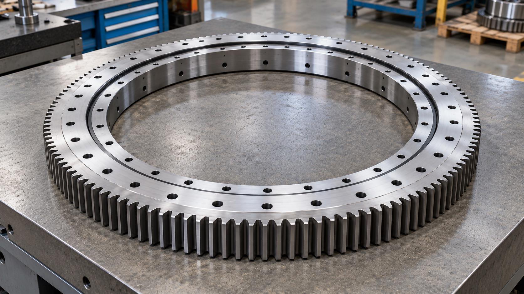 External-gear swing bearing with concentric mounting-hole circles on an inspection table.
