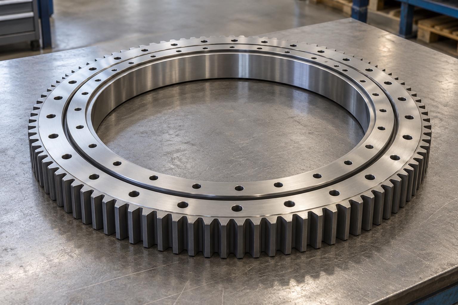 External-geared slewing bearing on a workshop bench