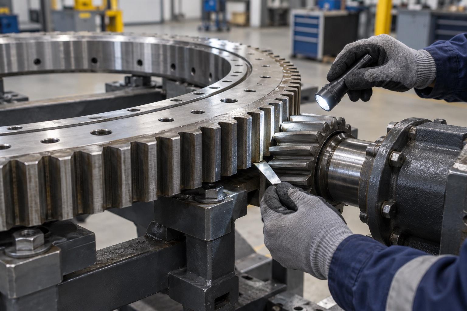 Technician inspecting the mesh between a geared slewing bearing and a drive pinion